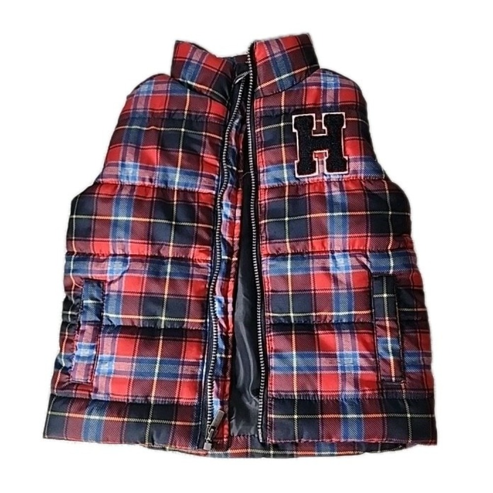 Tommy Hilfiger Puffer Vest Kids 12M‎ Red Plaid Zip Up Insulated H Patch EUC